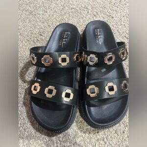 Nicole Miller Black Sandals with Gold Accents